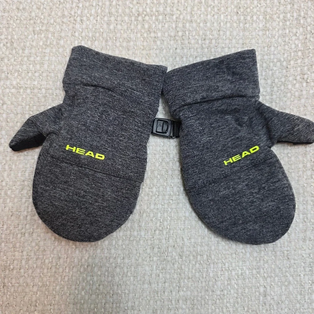 HEAD Toddler Mittens Gray Neon Yellow Textured Grip Winter Gloves Clip 6.5 Inch